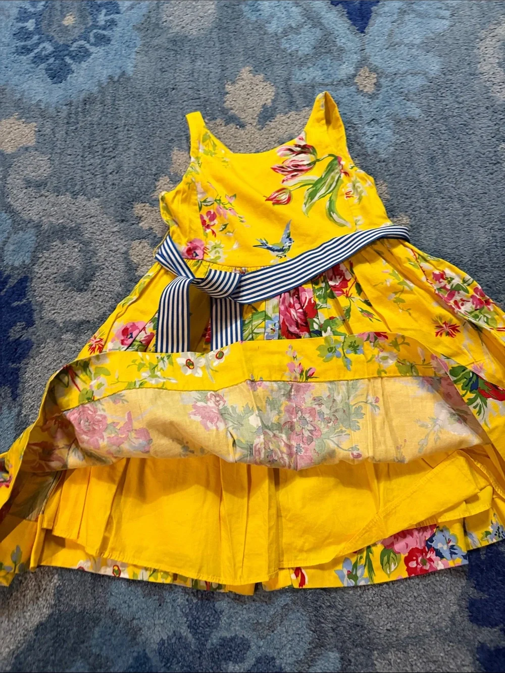 Polo by Ralph Lauren Yellow Floral Dress with Navy Striped Sash